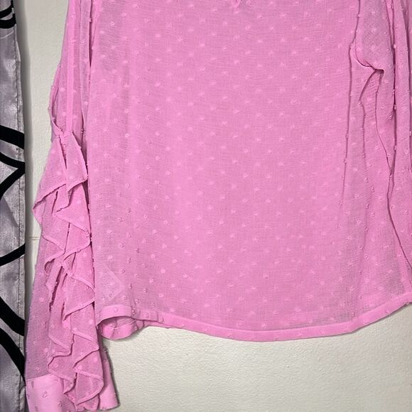 A New Day Pink Swiss Dot Blouse Cold Shoulder Ruffles Long Sleeve XS New - Picture 10 of 10